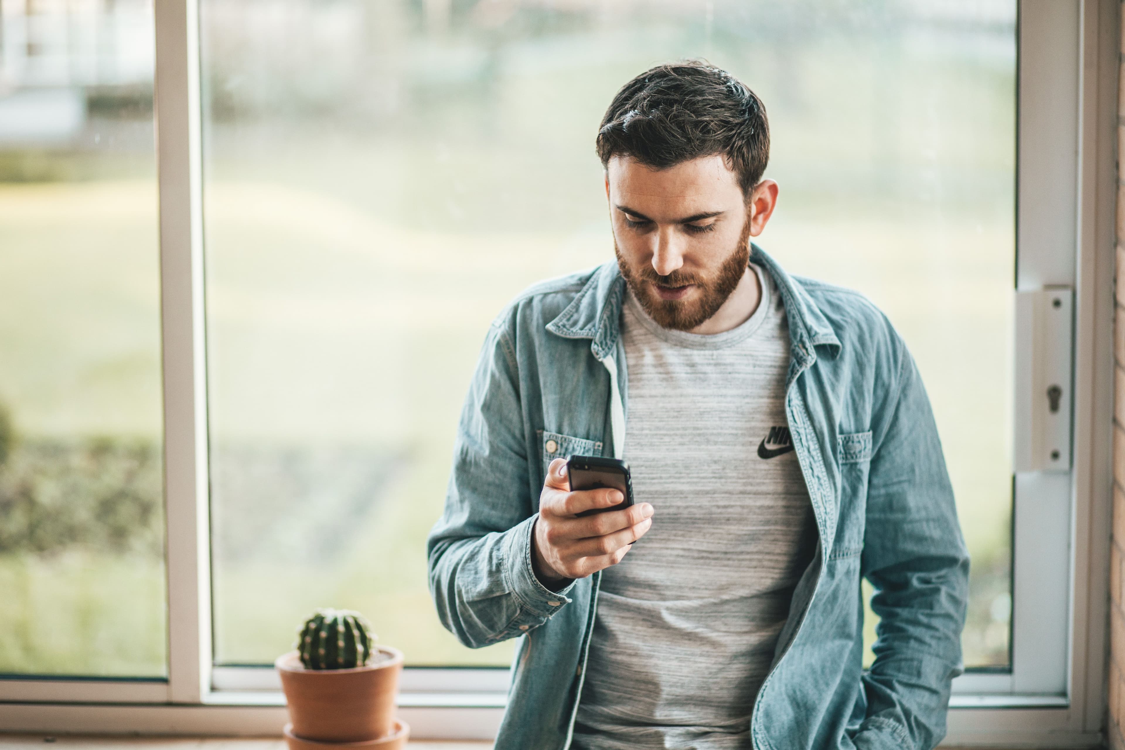 Man focused on his smartphone by a window with a potted plant on the sill.