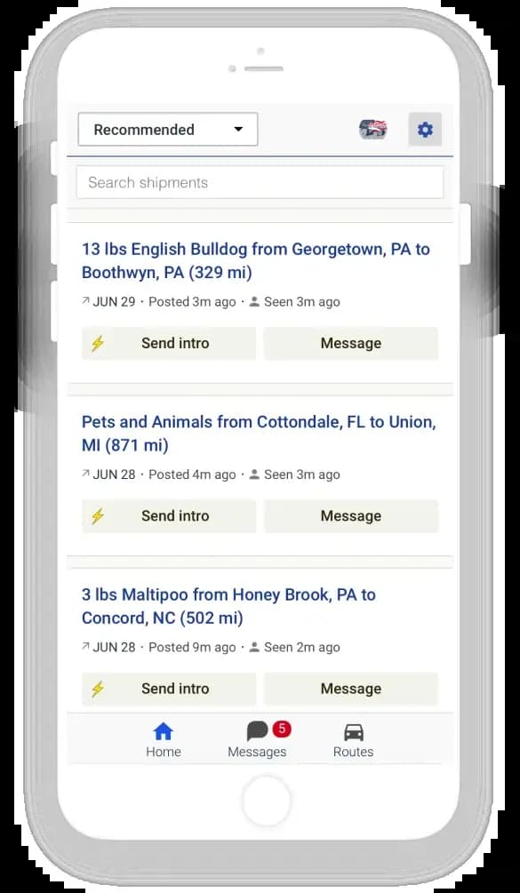 CitizenShipper mobile app interface displaying a list of pet transport listings with details on pickup and drop-off locations.