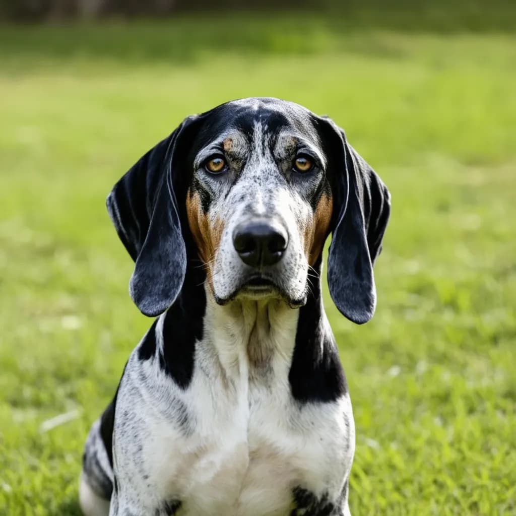 A black-and-white Bluetick Coonhound with floppy ears sits attentively on a grassy lawn, looking directly at the camera.