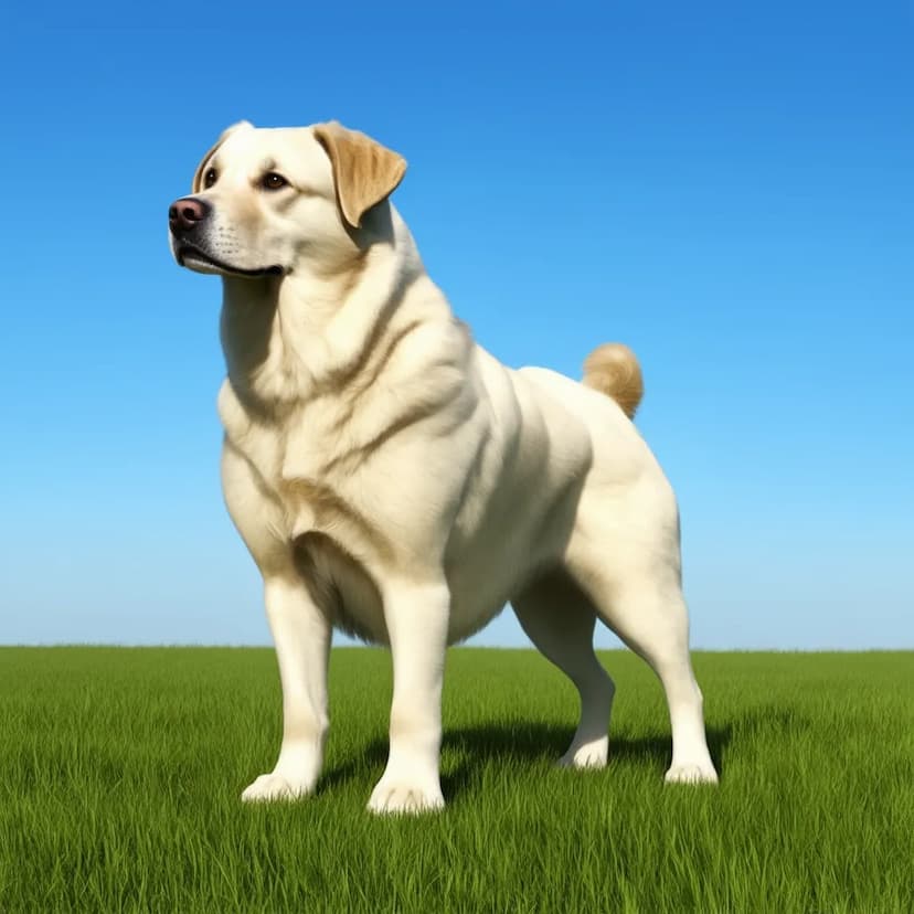 A white Central Asian Shepherd with a beige ear stands alert on a grassy field against a clear blue sky.