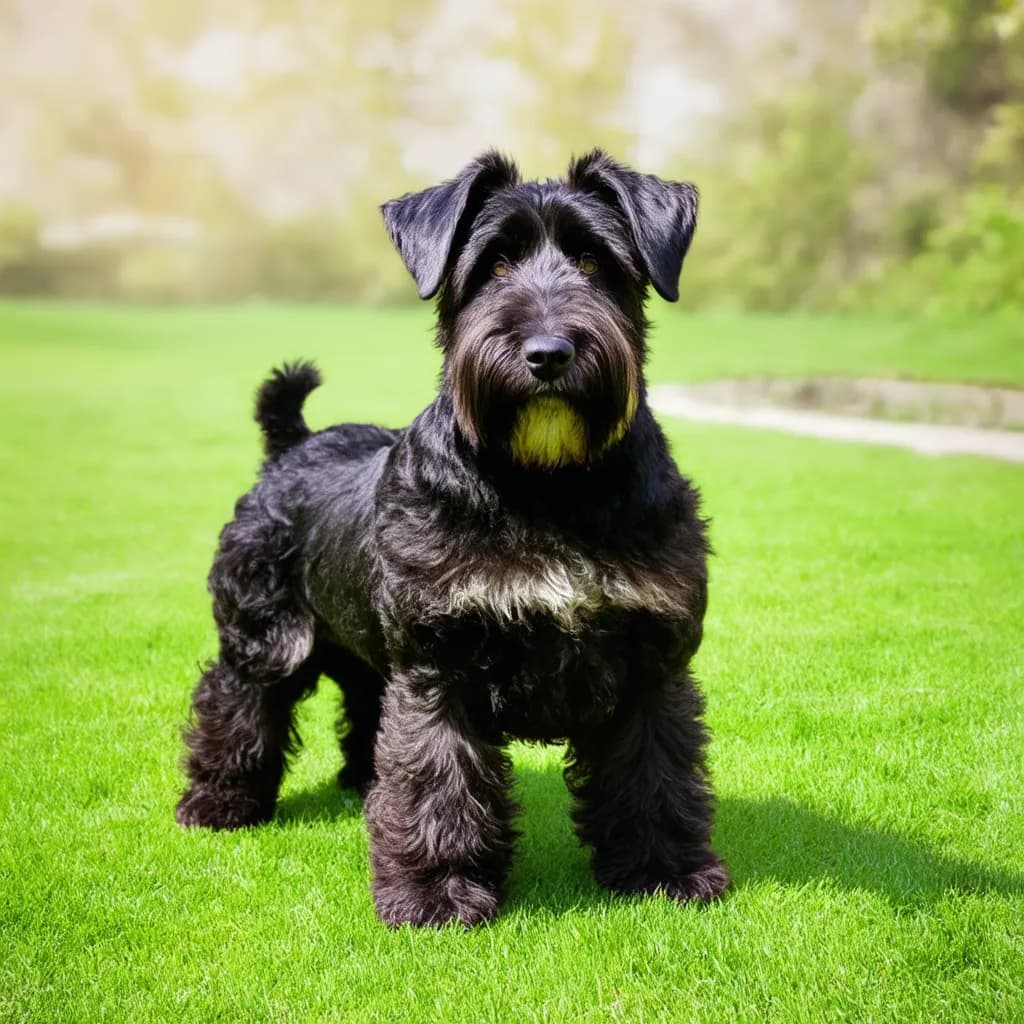 A black schnauzer stands on a green lawn, looking directly at the camera, while a Bouvier Des Flandres dog roams in the background.