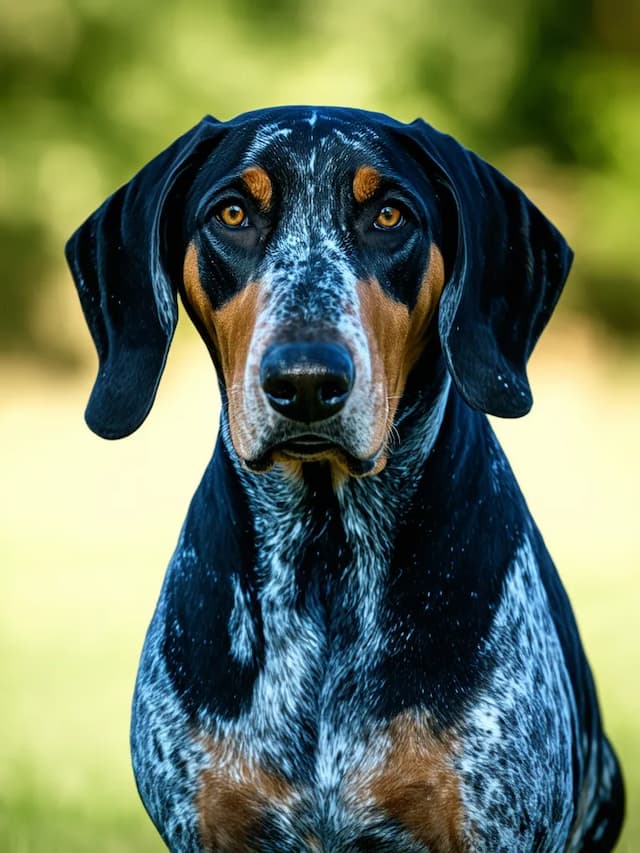 Close-up of a black and brown Bluetick Coonhound with a speckled white and brown coat, looking directly at the camera, with a blurred green background.