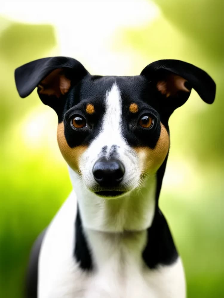 Close-up of a black, white, and tan Rat Terrier with large ears standing alert against a blurred green background.