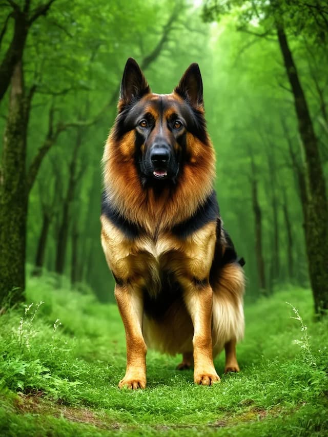 A German Shepherd stands on a forest path, surrounded by lush green trees. Nearby, a Belgian Tervuren joins the scene, adding to the picturesque setting.