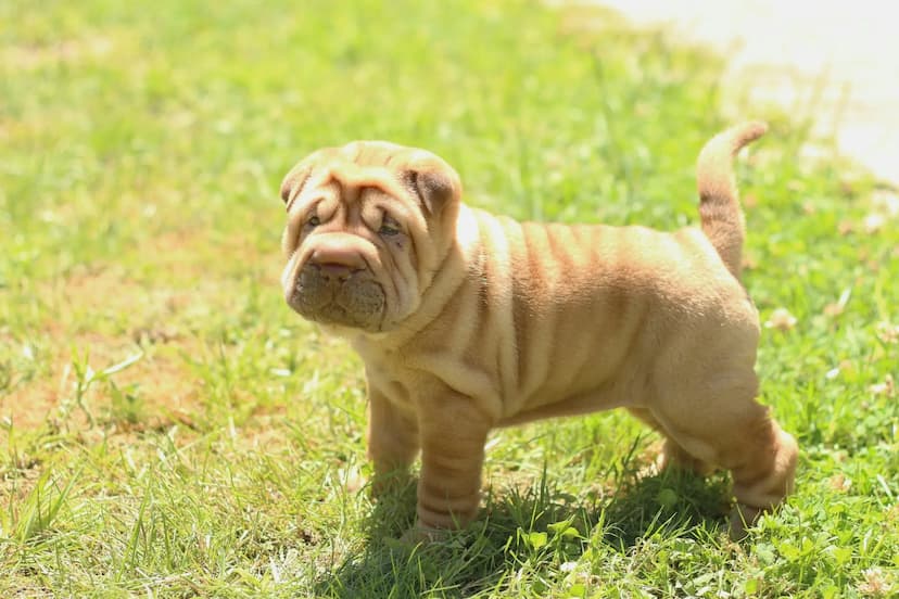 A Chinese Shar-Pei puppy with wrinkled skin stands on green grass in bright sunlight, looking attentively forward.