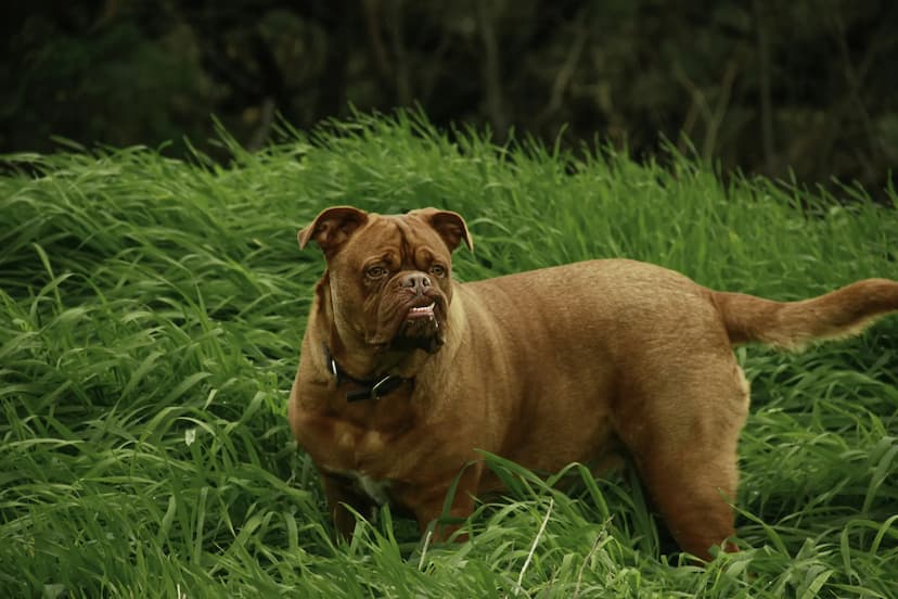 A muscular Dogue De Bordeaux stands alert in a field of tall green grass.