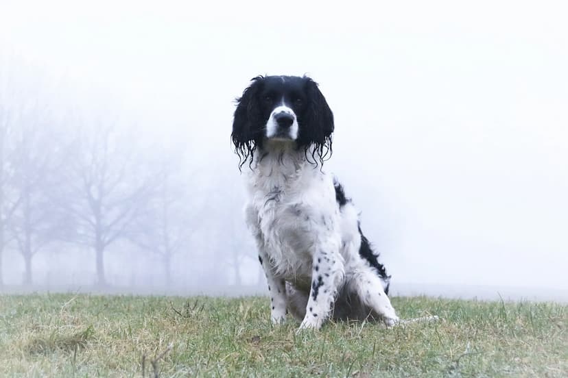 A black and white English Springer Spaniel with wet fur sits on grassy ground in a foggy outdoor setting, surrounded by leafless trees in the background.