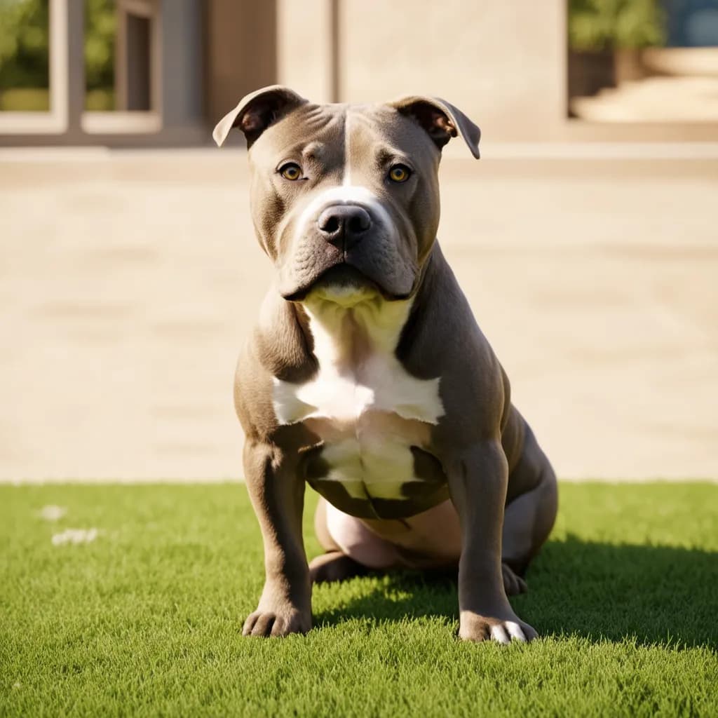 A gray and white American Bully dog sits on a grassy lawn in front of a building.