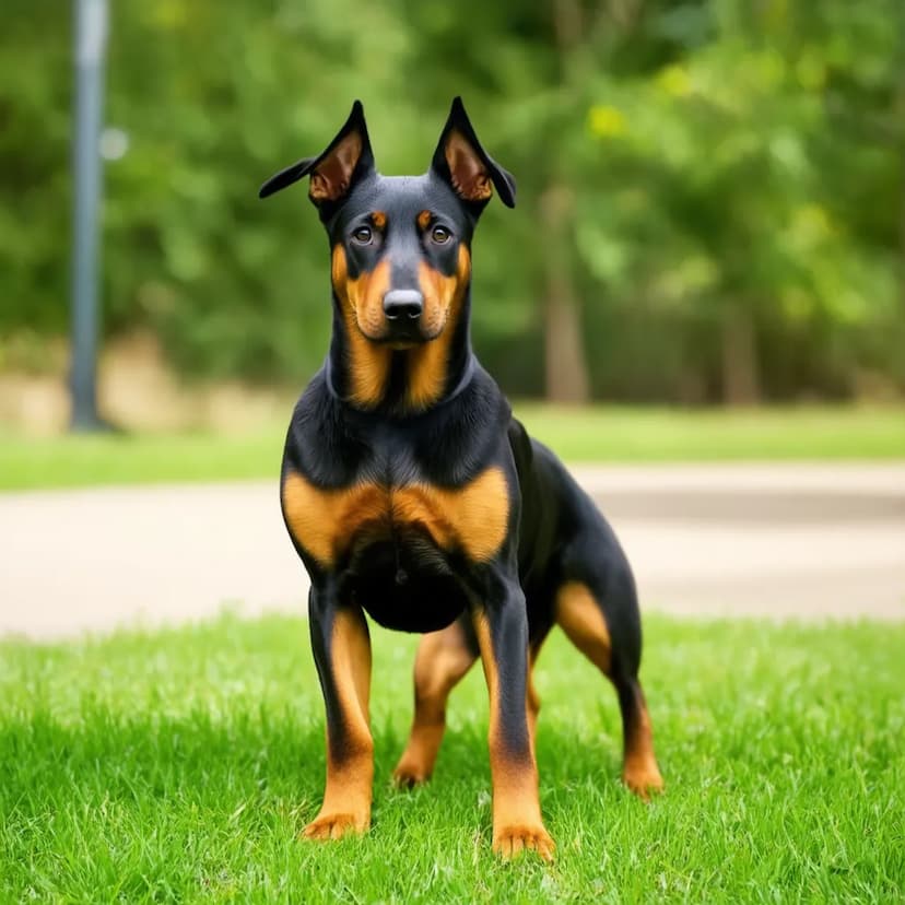 An Australian Kelpie with a black and tan coat stands on grass with a serious expression, ears perked up, and trees in the background.