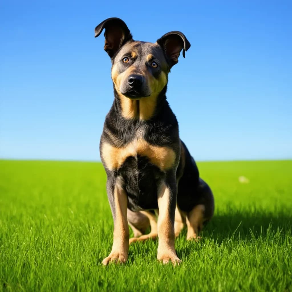 A black and tan Australian Stumpy Tail Cattle dog with a curious expression sits on green grass with a clear blue sky in the background.