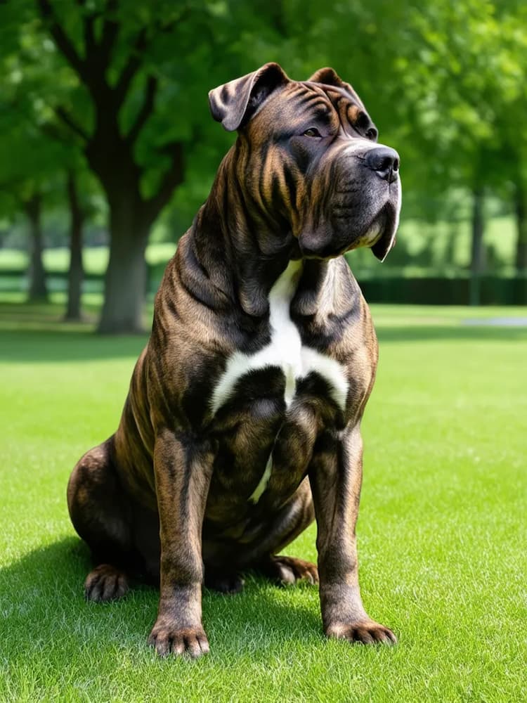 A large, muscular Perro De Presa Canario with a white chest marking sits attentively on the grass in a park-like setting with trees in the background.