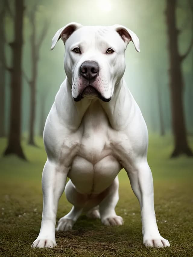 A muscular Dogo Argentino stands alert in a forest with trees and a misty atmosphere in the background.