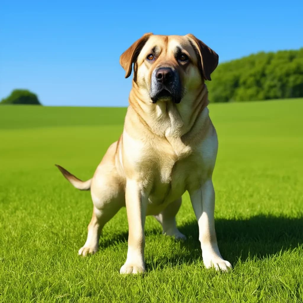 A large, beige Anatolian Shepherd stands alert on a lush green field under a clear blue sky. Trees line the horizon in the background.