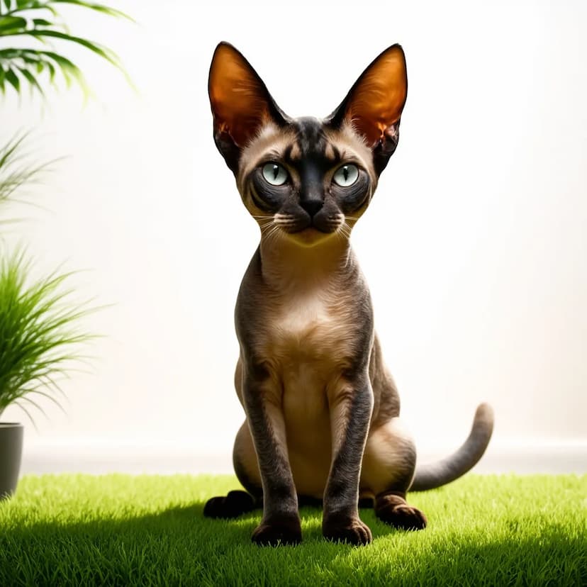 A hairless Devon Rex with large ears and green eyes sits on a patch of lush green grass indoors, surrounded by an array of plants.