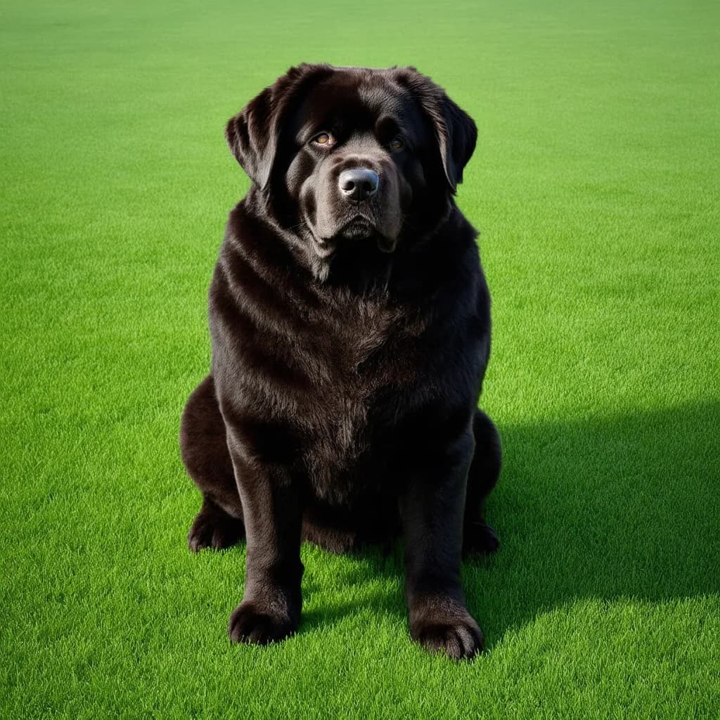 A large, black Newfoundland sits on a lush green lawn, looking straight ahead.