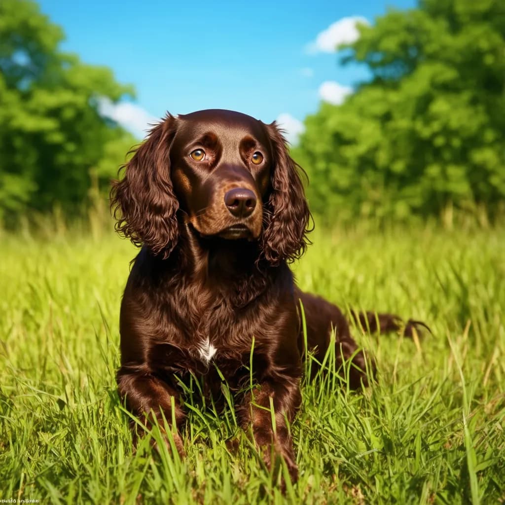 A Boykin Spaniel with long ears lies in a grassy field with trees in the background under a clear blue sky.