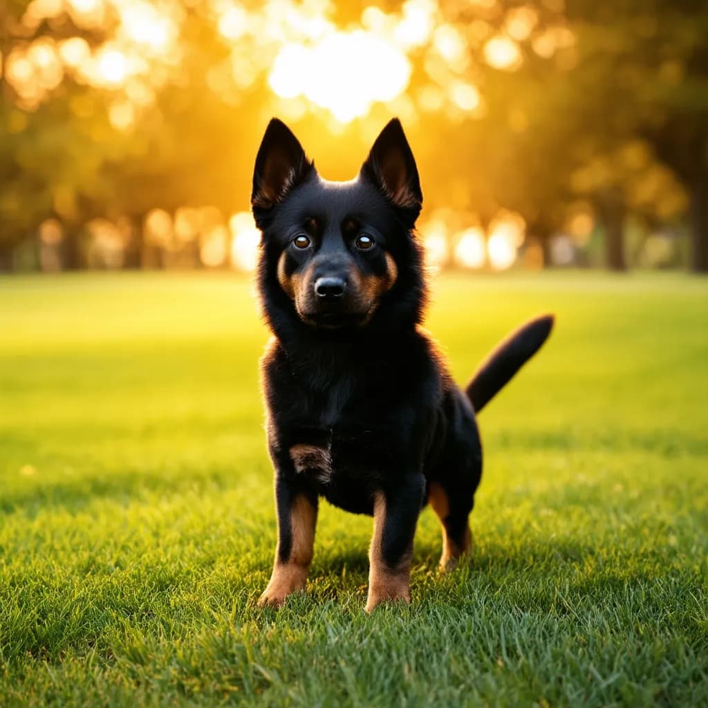 A small black and tan Schipperke stands alert on the grass with trees and a warm golden sunset in the background.