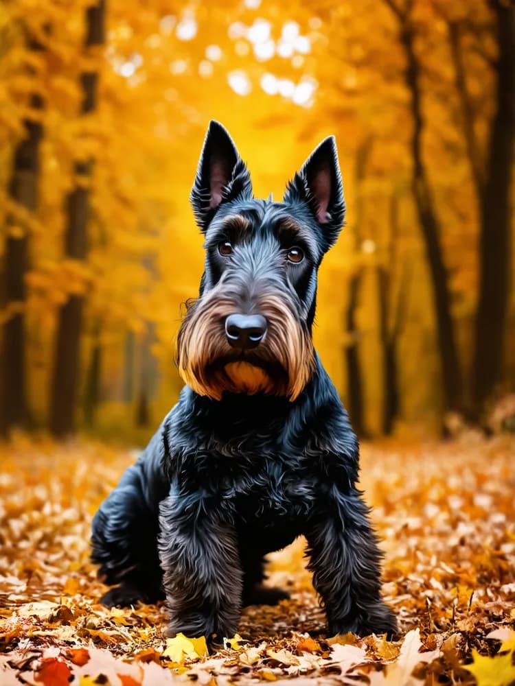 A black Schnauzer stands on a ground covered in autumn leaves, resembling the striking hue of a Scottish Terrier, with a forest of trees boasting vibrant orange foliage in the background.