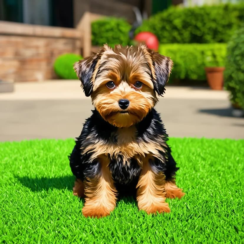 A small Yorkshire Terrier puppy with brown and black fur sits on a grass lawn in a garden with greenery in the background, looking every bit as playful as any Yorkipoo or dog could.