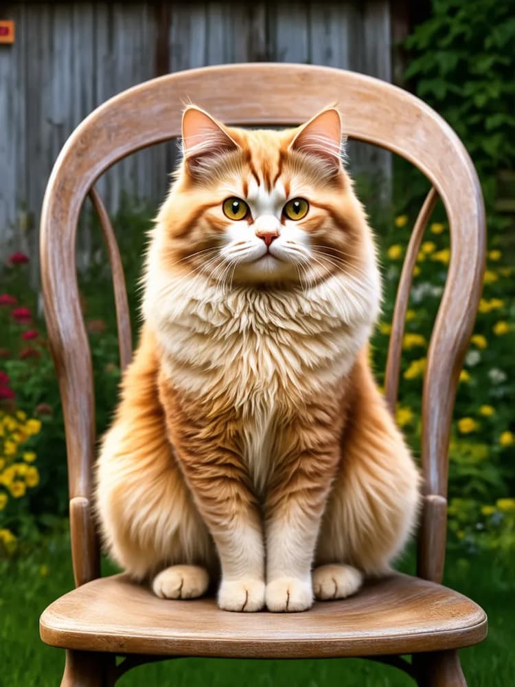 A fluffy orange and white American Curl cat is sitting on a wooden chair outdoors, with a garden and flowers in the background.