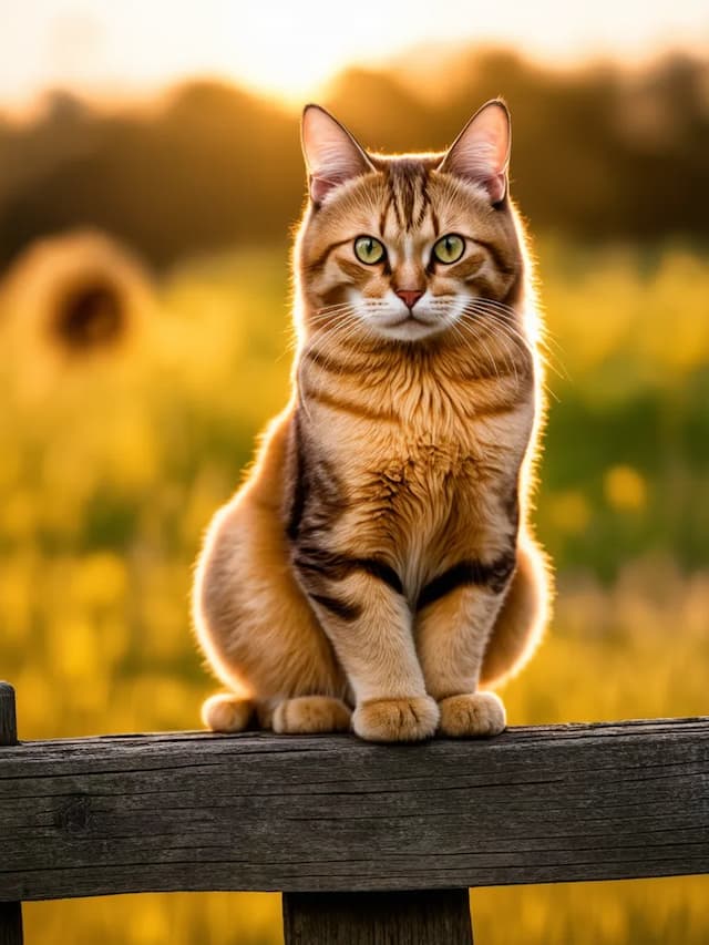 A tabby cat with green eyes sits on a wooden fence in Cyprus, with a field of yellow flowers in the out-of-focus background at sunset.