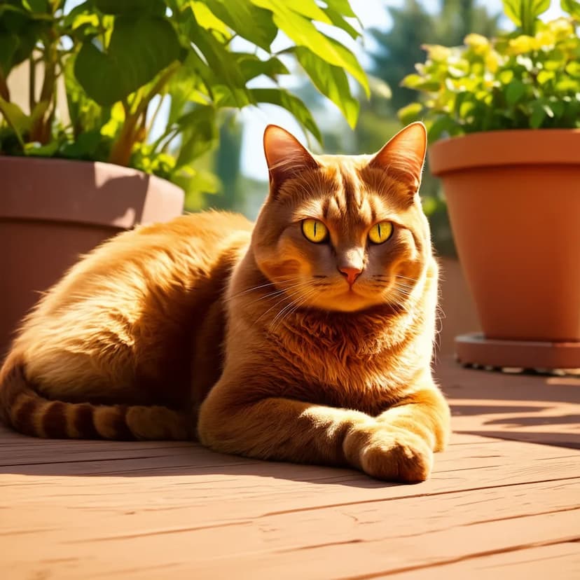 A ginger cat with bright yellow eyes lounges on a wooden deck surrounded by potted plants. The sunlight catches its fur, highlighting its relaxed pose on a clear day, similar to the elegance of a Havana Brown cat.