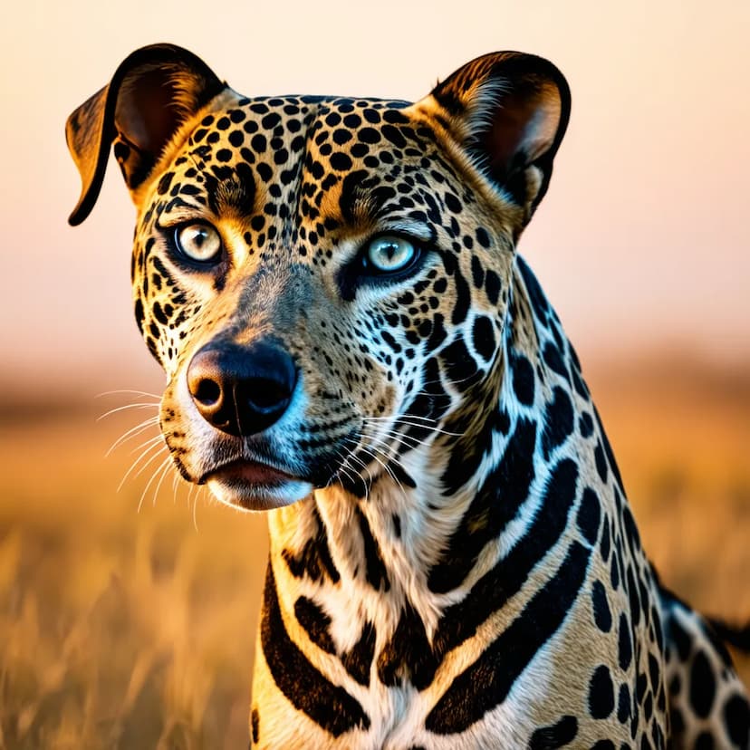 A Catahoula Leopard dog with a coat featuring leopard-like spots and markings sits in a grassy field, staring directly at the camera with bright blue eyes, during a sunset.