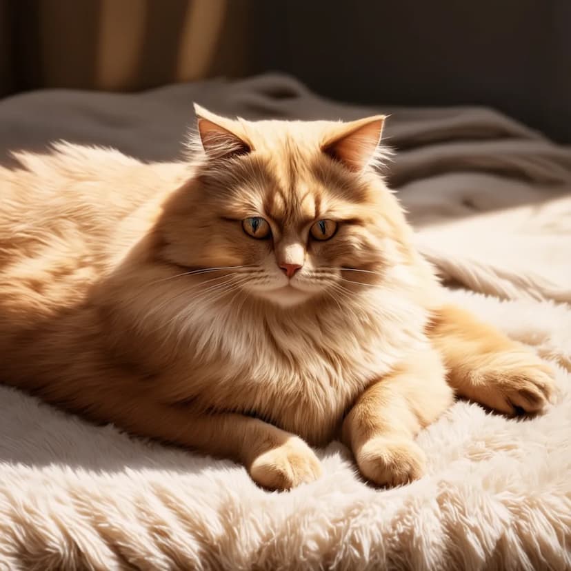 A fluffy Ragamuffin cat with long fur lies on a soft, light-colored blanket, basking in sunlight.