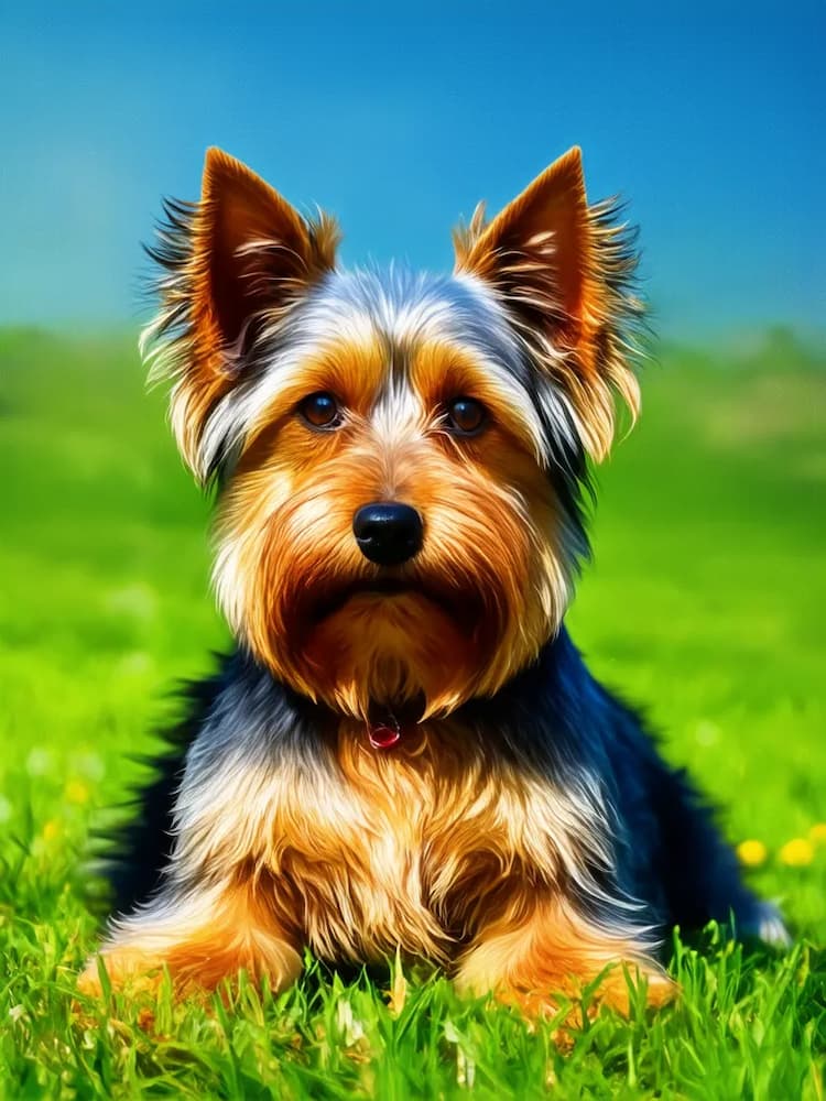 A Yorkshire Terrier lies on green grass under a clear blue sky, resembling an Australian Terrier with its perky stance and keen eyes.