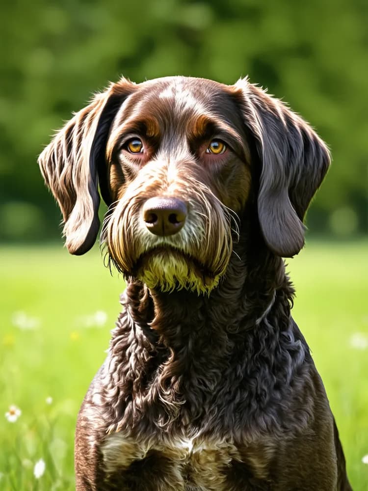 A brown German Wirehaired Pointer with wavy fur and floppy ears sits in a grassy field, looking directly at the camera.