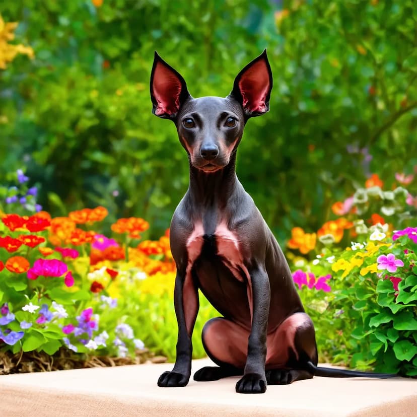 A small black Xoloitzcuintli with large, pointed ears sits amid a colorful garden with various flowers.