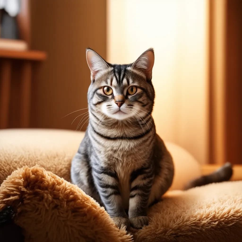 An American Wirehair with black stripes sits attentively on a plush, beige cushion with a soft, lit background.