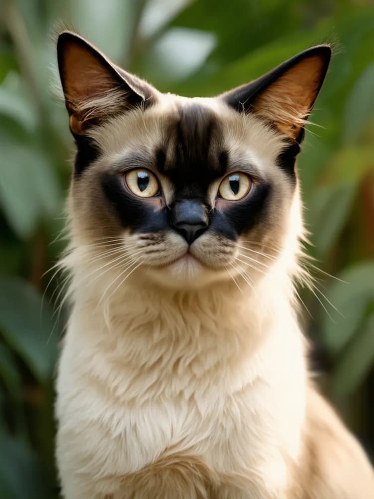 A close-up of a Balinese cat with striking blue eyes and dark facial markings, standing in front of lush greenery.