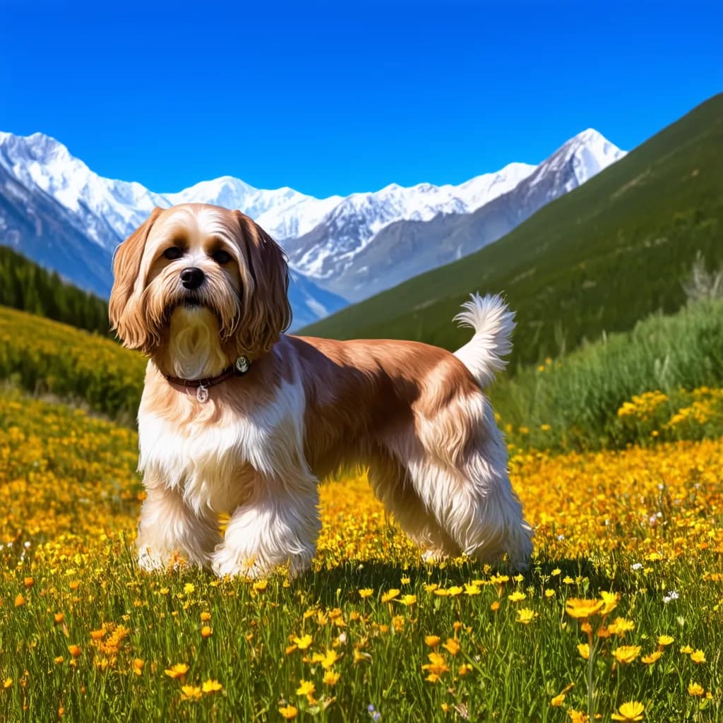 A small, fluffy Tibetan Terrier stands in a field of yellow flowers with snow-capped mountains in the background under a clear blue sky.