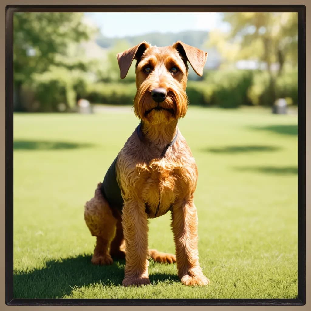 An Irish Terrier with a beard sits on a grassy field on a sunny day. Trees and a distant park setting are visible in the background.