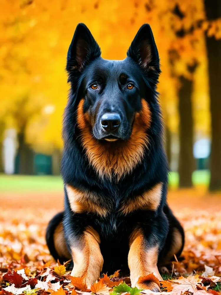 A German Shepherd sits on fallen autumn leaves with yellow trees in the background while a Belgian Sheepdog playfully bounds nearby.