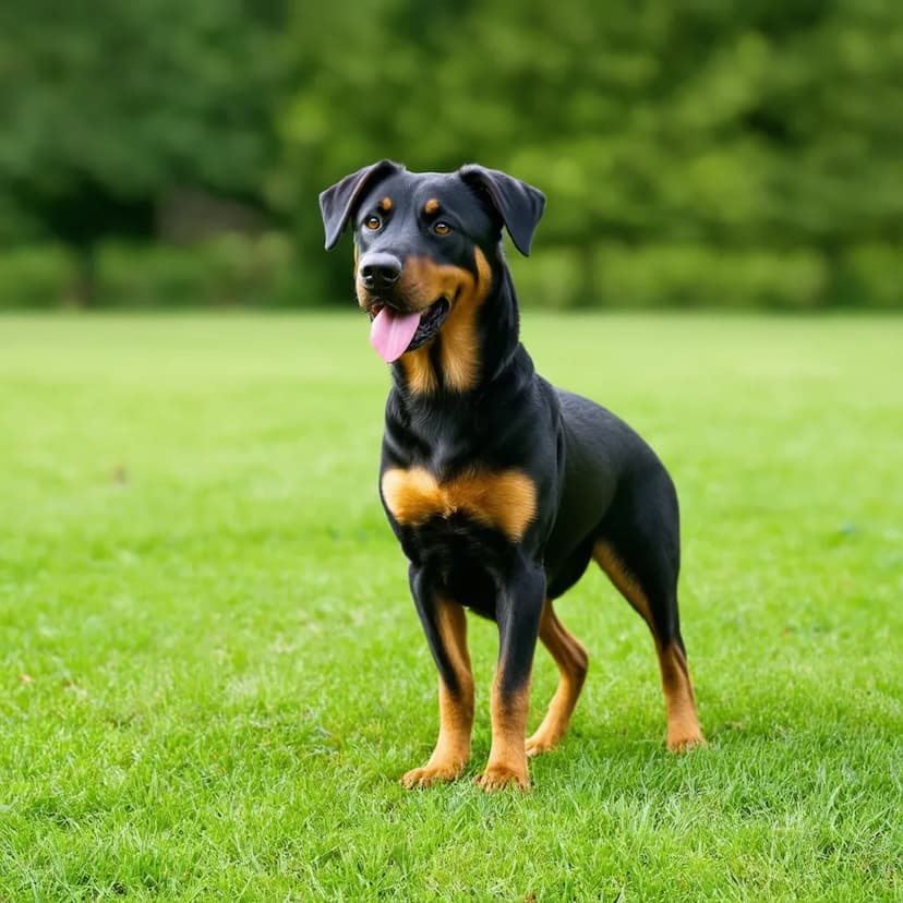 A black and brown Beauceron stands on a green lawn, looking forward with its tongue out, against a background of trees.