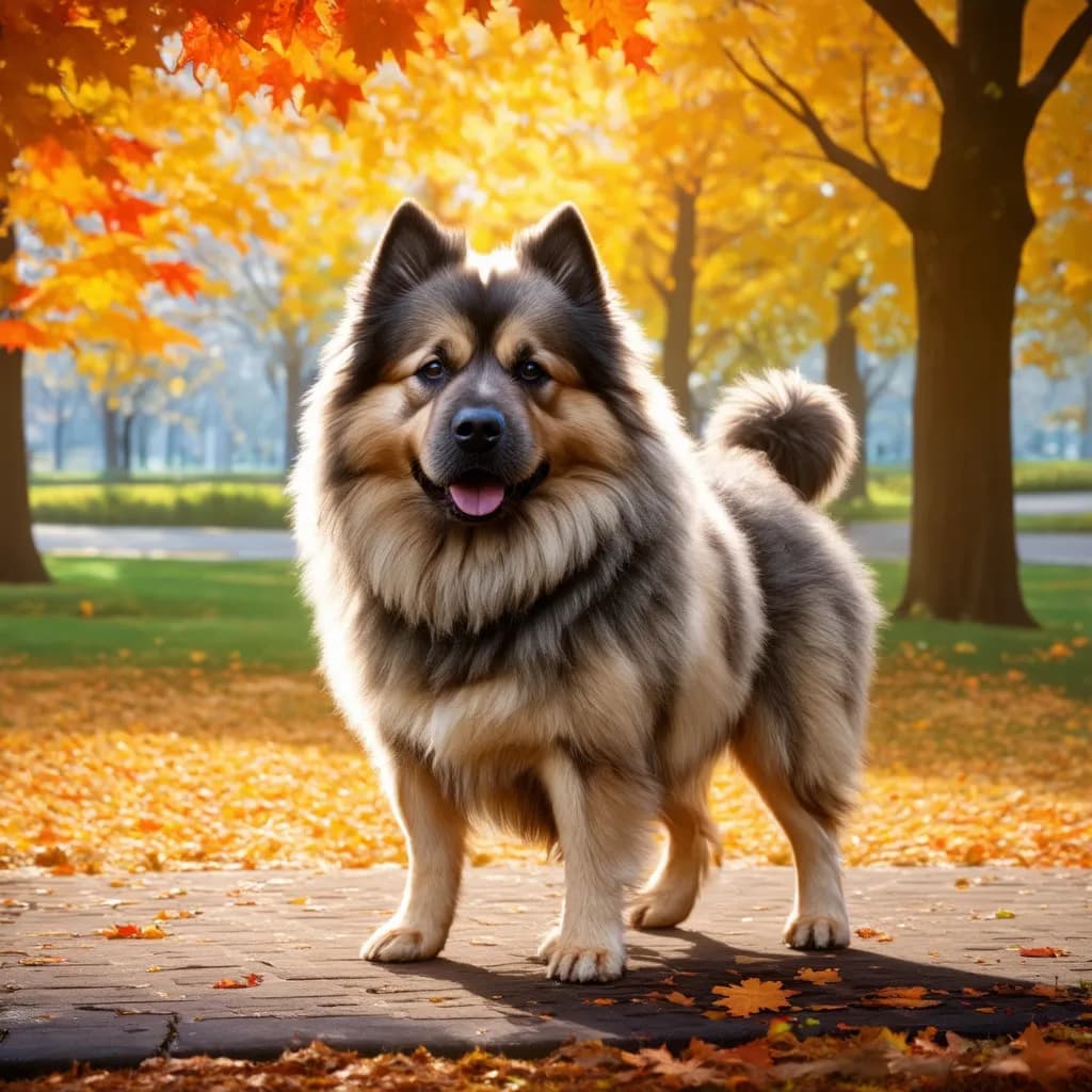 A fluffy Keeshond stands on a pathway covered with fallen autumn leaves, with trees displaying vibrant orange foliage in the background.