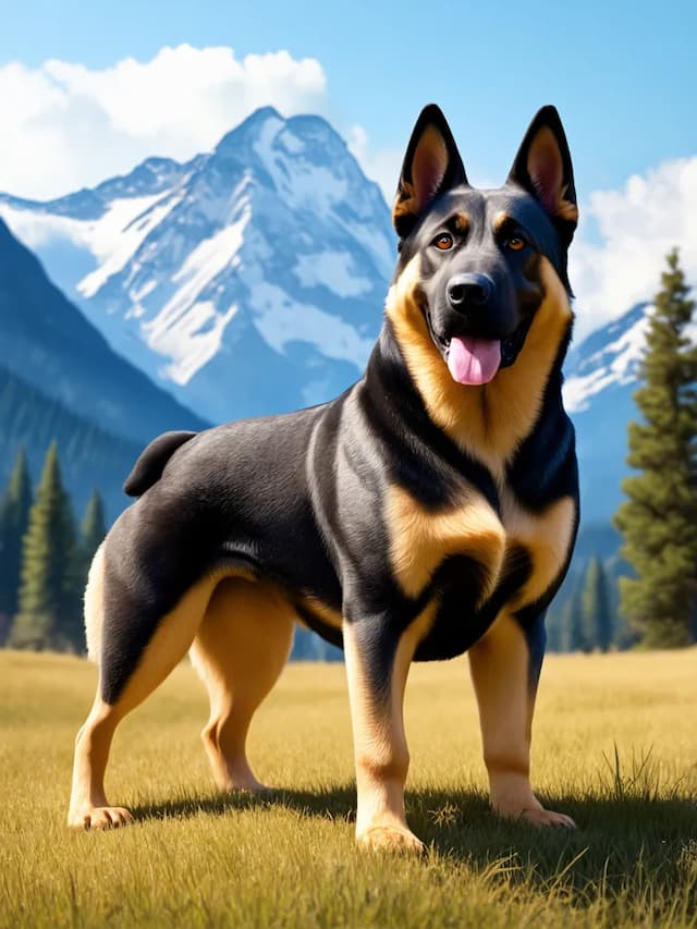 A German Shepherd stands on grass with a mountainous landscape in the background under a clear blue sky. The dog looks alert with ears perked up and tongue out, embodying the noble demeanor often seen in a Norwegian Elkhound.