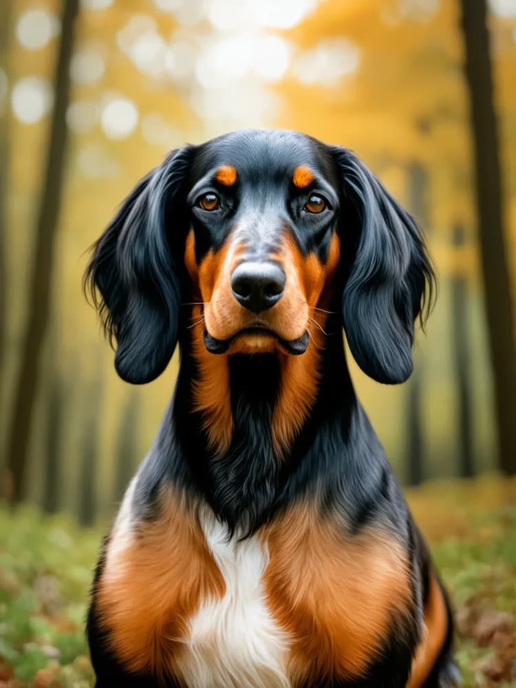 A black and brown Gordon Setter with a white chest sits attentively in a forest with yellow and orange foliage.