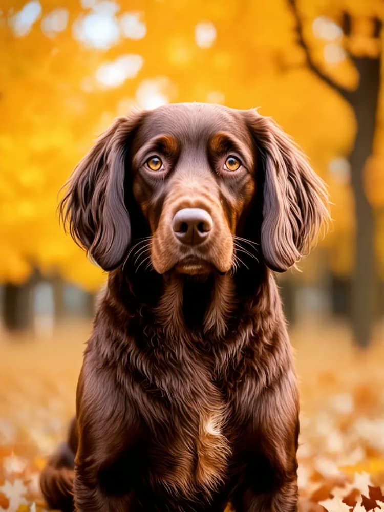 A Boykin Spaniel with wavy fur sits on fallen leaves in a park, vivid yellow foliage creating a stunning backdrop.