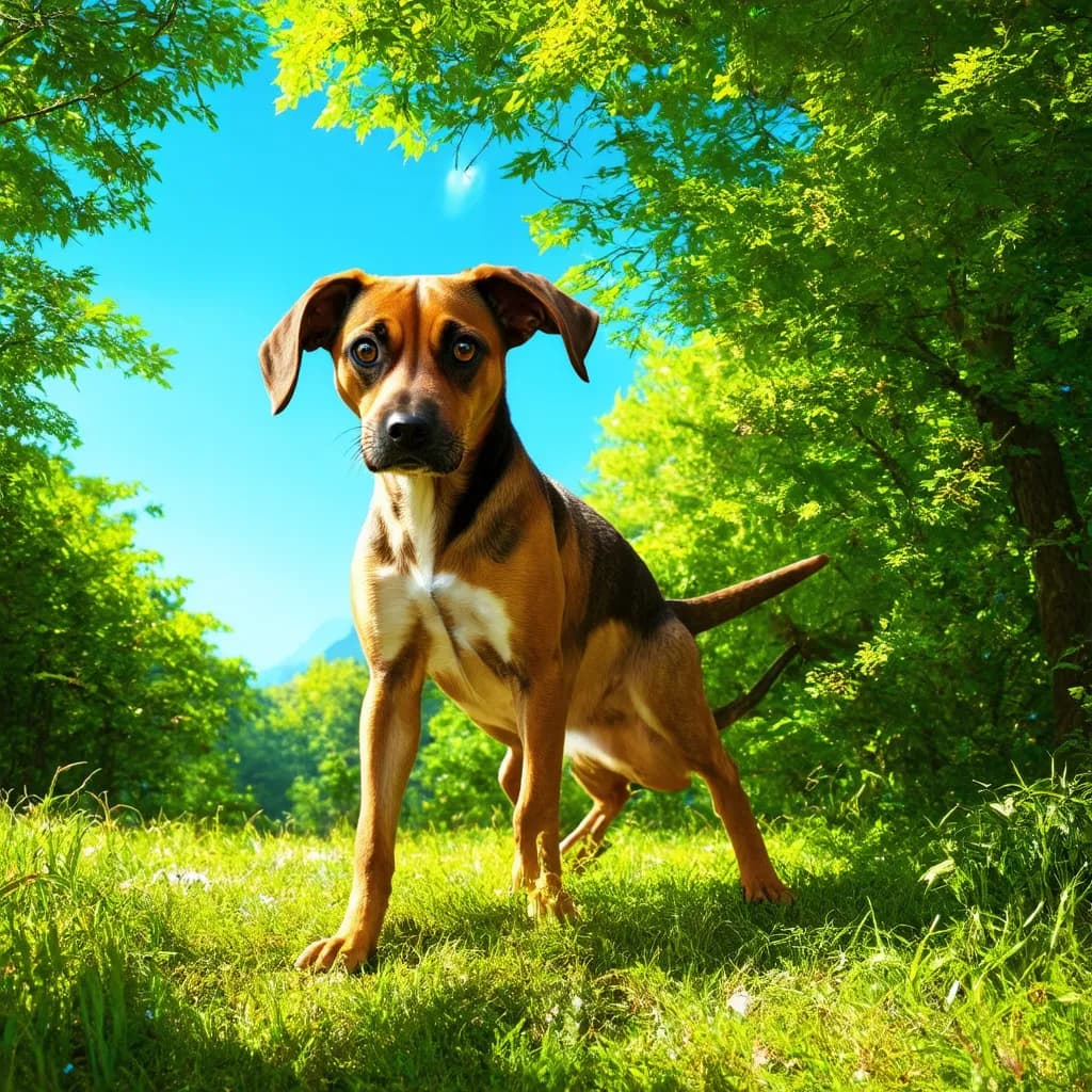 A brown and black Mountain Cur stands on green grass surrounded by trees and bushes under a bright blue sky.