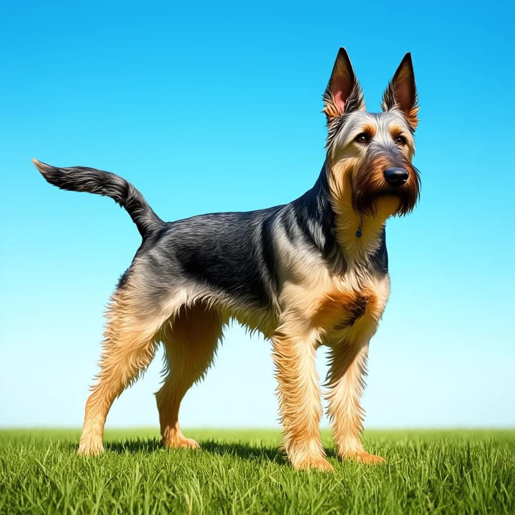 A wire-haired Berger Picard stands alert on a grassy field under a clear blue sky.