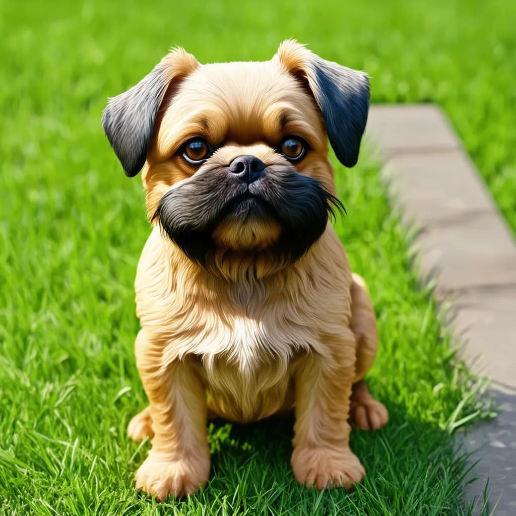 A small brown-and-black Brussels Griffon with a wrinkled face and large eyes sits on green grass beside a stone pathway.