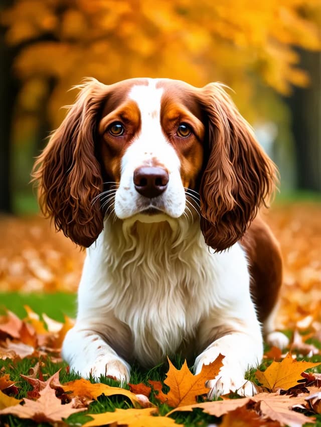 A brown and white Brittany dog with long ears is lying on grass surrounded by fallen autumn leaves, with trees in the background.