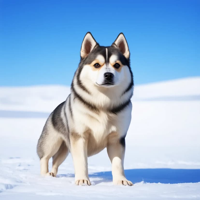 A black, white, and gray Siberian Husky stands on snow under a clear blue sky, resembling an Alaska Klee Kai dog in its striking beauty.