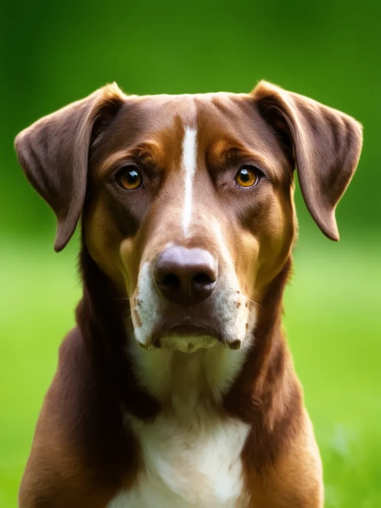 Close-up of a brown and white mixed breed dog with alert eyes, set against a blurred green background.