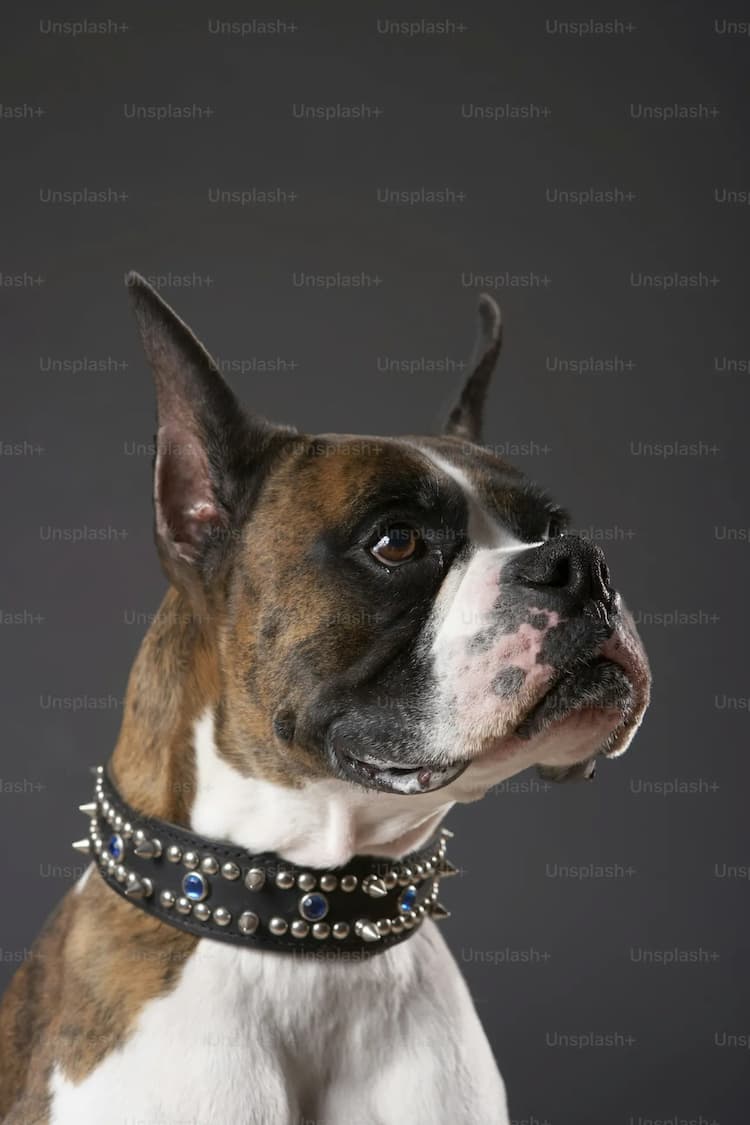 A brown and white Boxer with pointy ears and a black studded collar looks to the right against a dark gray background.