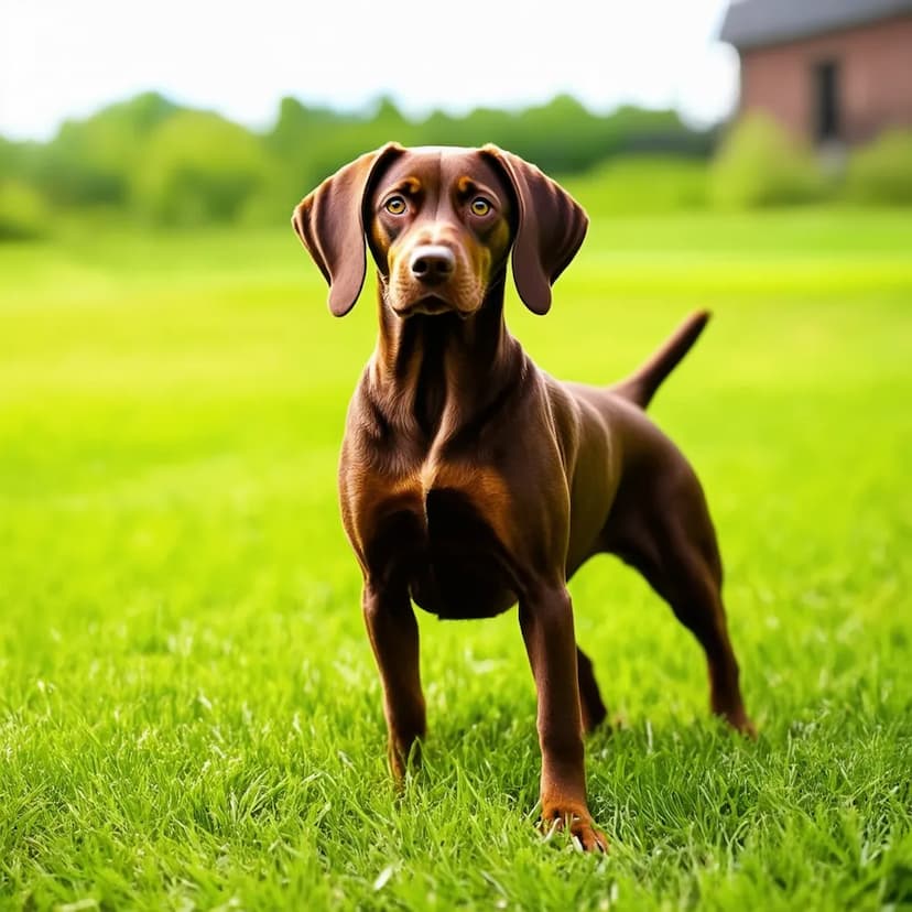 A brown Pudelpointer stands on a grassy field with a focused expression. A blurry building and trees are visible in the background.