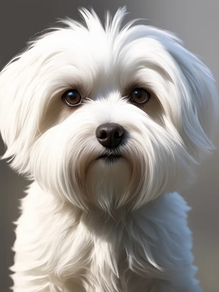 Close-up of a fluffy white Coton De Tulear with long, silky fur and dark eyes, looking directly at the camera against a neutral background.